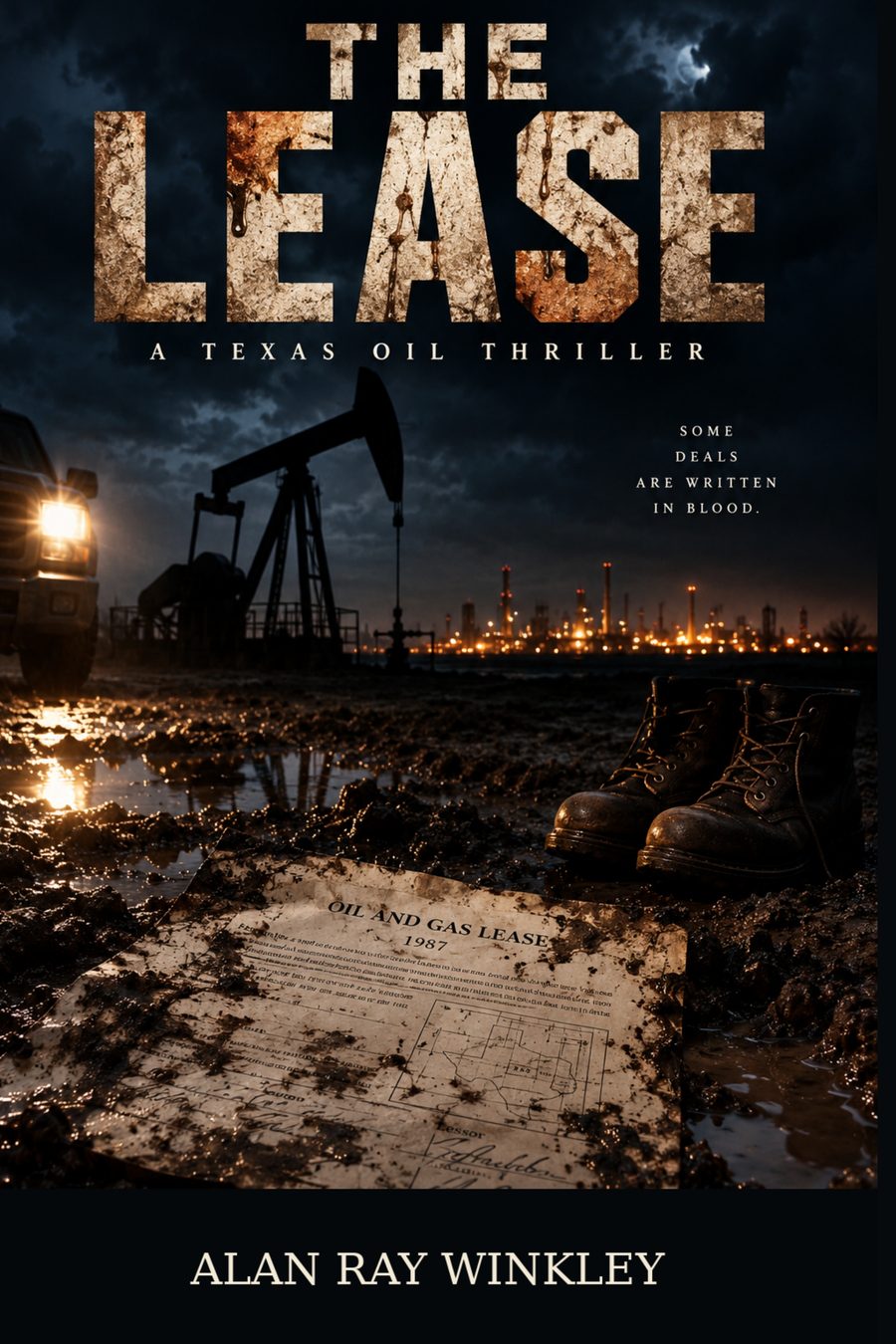 The Lease paperback cover — night oilfield scene with pumpjack and lease papers
